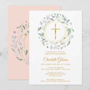 Rosa Girlande Gold Kreuz Taufe Christening  Einladung