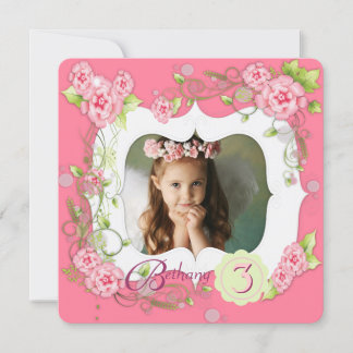 Rosa Girls Foto 3. Geburtstag Party Einladung