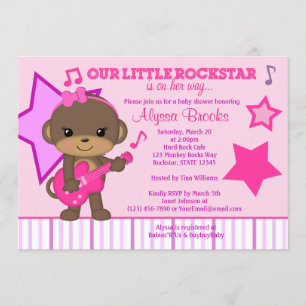 Rosa Girls Monkey Rockstar Kinderdusche Einladunge Einladung