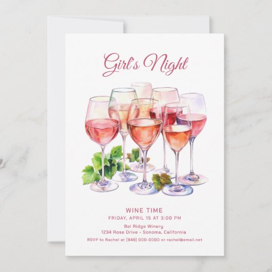 Rosa Girls Night Wine Einladung (Vorderseite)