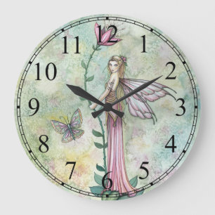 Rosa Girly Blumen-Fee-Uhr Große Wanduhr