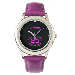 Rosa girly emo Schädel mit Bogennamenmädchen Armbanduhr