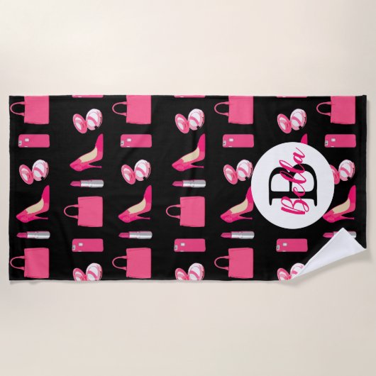 Rosa girly Sachen--Heelsgeldbeutel-Make-upentwurf Strandtuch (Vorderseite)