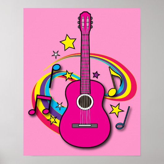 Rosa Gitarre mit Musik und Regenbogen Poster (Vorne)