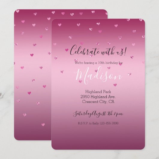 Rosa Glam Glitzer Herz Einladung (Vorne/Hinten)