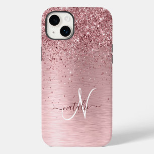 Rosa Glanz Metall Glitter Monogramm Name iPhone 14 Plus Hülle