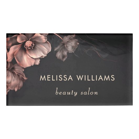 Rosa glänzende Blumen schwarz Namenschild (Vorderseite)