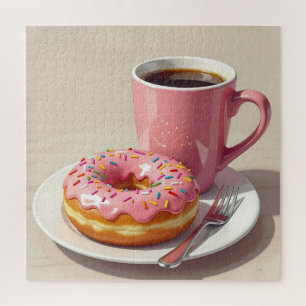 Rosa glasierter Donut und Kaffee Puzzle