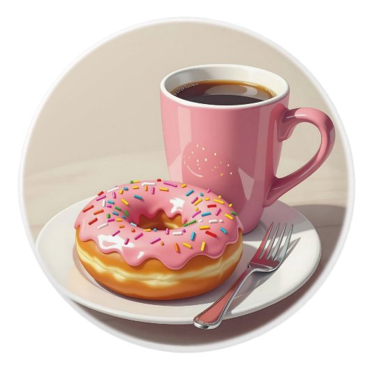 Rosa glasierter Donut und Kaffeetasse Keramikknauf (Vorderseite)