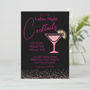 Rosa Glitter auf schwarzer Damen-Nacht-Cocktailpar Einladung