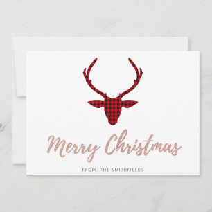 Rosa Glitter-Buffalo-Karo-Hirschgeweih-Weihnachten Feiertagskarte