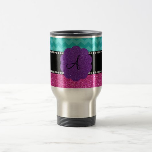 Rosa Glitter der Monogrammtürkis-Sparren Reisebecher (Mittel)