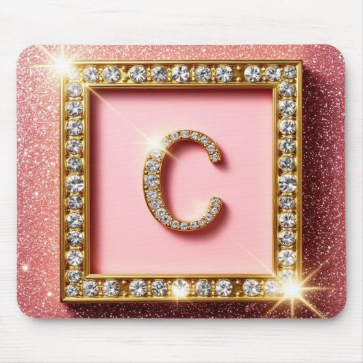 Rosa Glitter-Diamant-Anfangsbuchstabe C Goldrahmen Mousepad (Vorne)