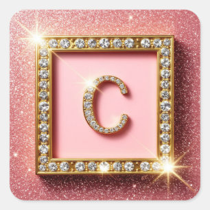 Rosa Glitter-Diamant-Anfangsbuchstabe C Goldrahmen Quadratischer Aufkleber