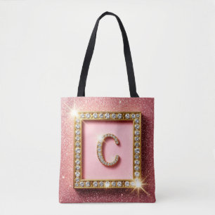 Rosa Glitter-Diamant-Anfangsbuchstabe C Goldrahmen Tasche