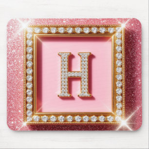 Rosa Glitter-Diamant-Anfangsbuchstabe H Goldrahmen Mousepad