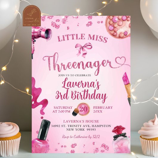 Rosa Glitter-Dreijährige-Make-up-Geburtstag Einladung