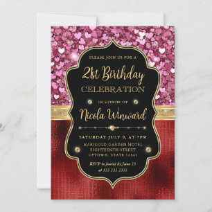 Rosa Glitter Herzen und rote Folie 21. Geburtstag Einladung