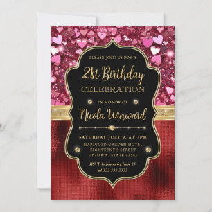 Rosa Glitter Herzen und rote Folie 21. Geburtstag Einladung