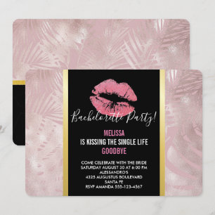 Rosa Glitter-Lippen & Rose-Gold-Tropenblätter Einladung