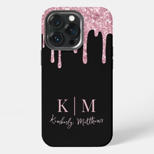 Rosa Glitter-Monogramm-Initialen auf Schwarz iPhone Hülle (Hinten)