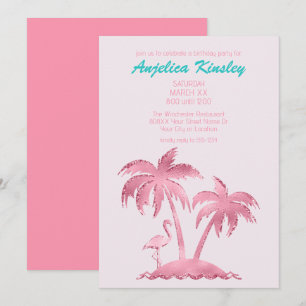 Rosa Glitter Retro Flamingo und Palmen Einladung