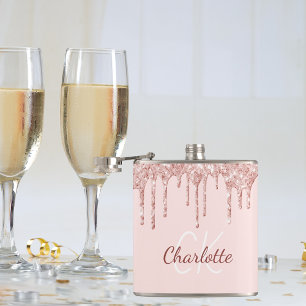 Rosa Glitter-Roségold-Monogramm-Name Flachmann