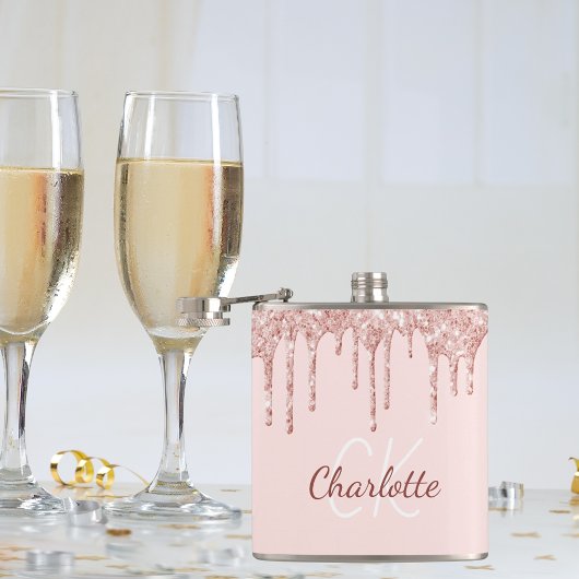 Rosa Glitter-Roségold-Monogramm-Name Flachmann