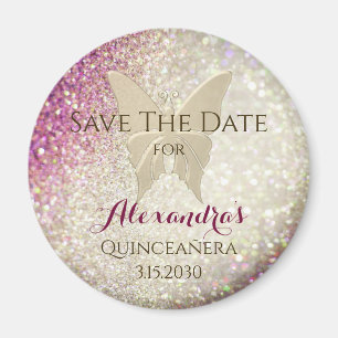 Rosa Glitter Schmetterling Quinceañera Magnet