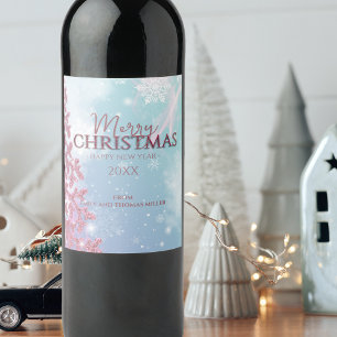 Rosa Glitter-Schneeflocke Winter Weihnachten Ferie Weinetikett