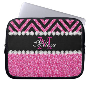 Rosa Glitter Schwarz Chevron Monogramm Laptopschutzhülle