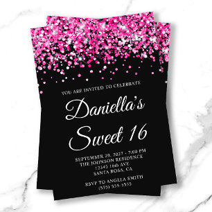 Rosa Glitter Schwarz Sweet 16 Einladung