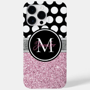 Rosa Glitter Schwarz-Weiß-Polka-Dot-Monogramm Case-Mate iPhone 14 Pro Max Hülle