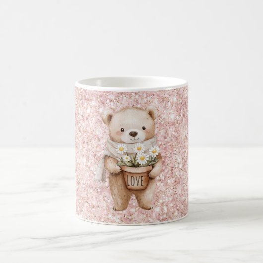 Rosa Glitter Süßer Bär Gänseblümchen Blumen Kaffeetasse (Mittel)