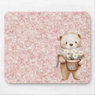 Rosa Glitter Süßer Bär Gänseblümchen Blumen Mousepad