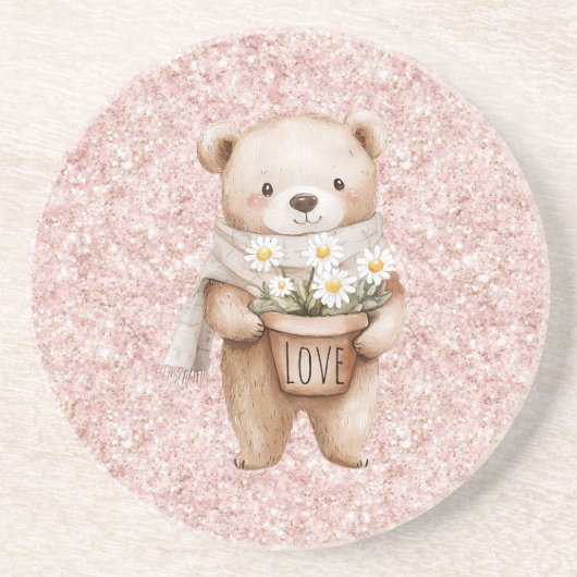 Rosa Glitter Süßer Bär Gänseblümchen Getränkeuntersetzer (Vorne)