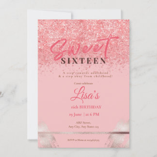 Rosa Glitter Sweet Sixteen Geburtstag Einladung