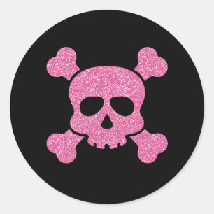 Rosa Glitter Totenkopf und Kreuzknochen auf Schwar Runder Aufkleber
