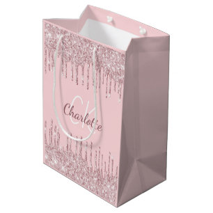 Rosa Glitter-Tropf Monogramm-Schrift Luxus Mittlere Geschenktüte