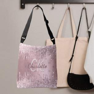 Rosa Glitter-Tropfen Monogramm elegant glamourös Tragetaschen Mit Langen Trägern