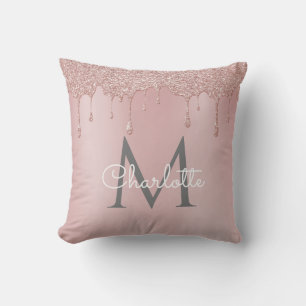 Rosa Glitter-Tropfen-Monogramm Elegantes Skript Kissen