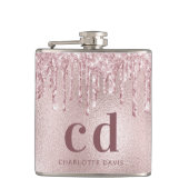 Rosa Glitter-Tropfen-Monogramm-Name Flachmann (Vorderseite)