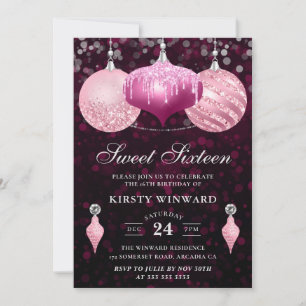 Rosa Glitter Weihnachtskugeln Sweet Sixteen Einladung