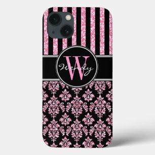 Rosa Glitterdruck Schwarz Damast Ihr Name Case-Mate iPhone Hülle