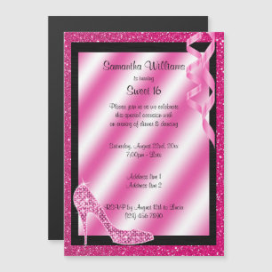 Rosa Glitterie Stiletto & Streamers Sweet 16 Magneteinladung