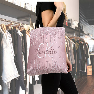 Rosa Glittertropfen-Monogramm elegante Schrift Tasche