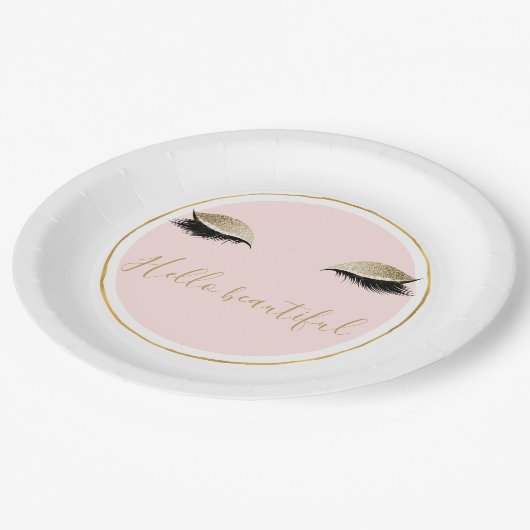 Rosa Glitze schwarze Eyelasenjacke Pappteller (Schrägansicht)