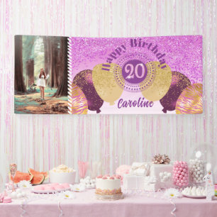 Rosa Glitzer 20. Geburtstag & Balloons Banner