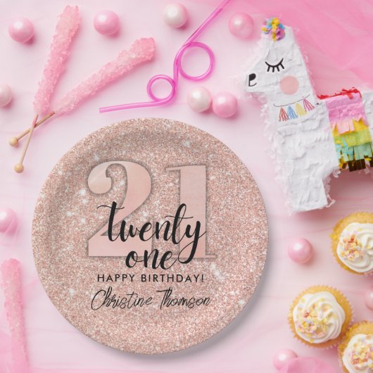 Rosa Glitzer 21. Geburtstag Papier Teller (Party)
