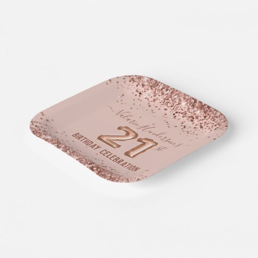 Rosa Glitzer 21. Geburtstag Papierplatte Pappteller (Gewinkelt)